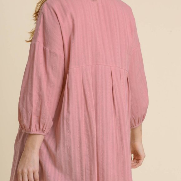 Umgee Women's Large 3/4 Sleeve Button Down Pleated Tunic Dress High Low Pink - Picture 3 of 7